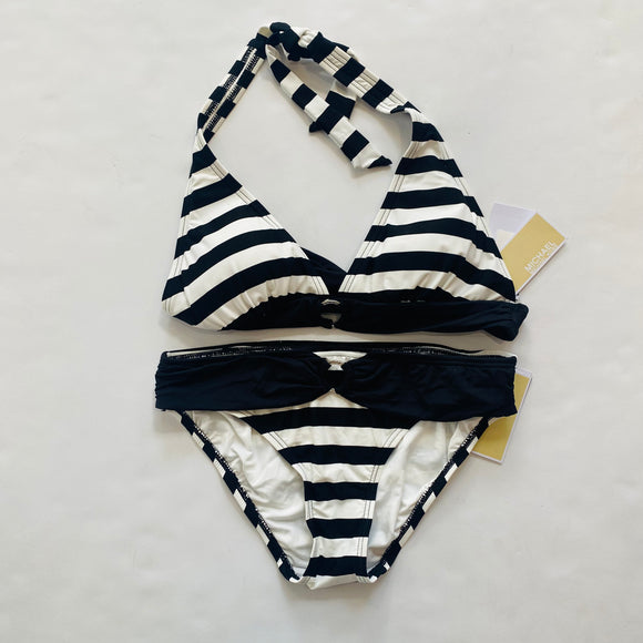 MICHAEL KORS 2 Piece Bathing Suit Black and White Stripe Size Medium NWT