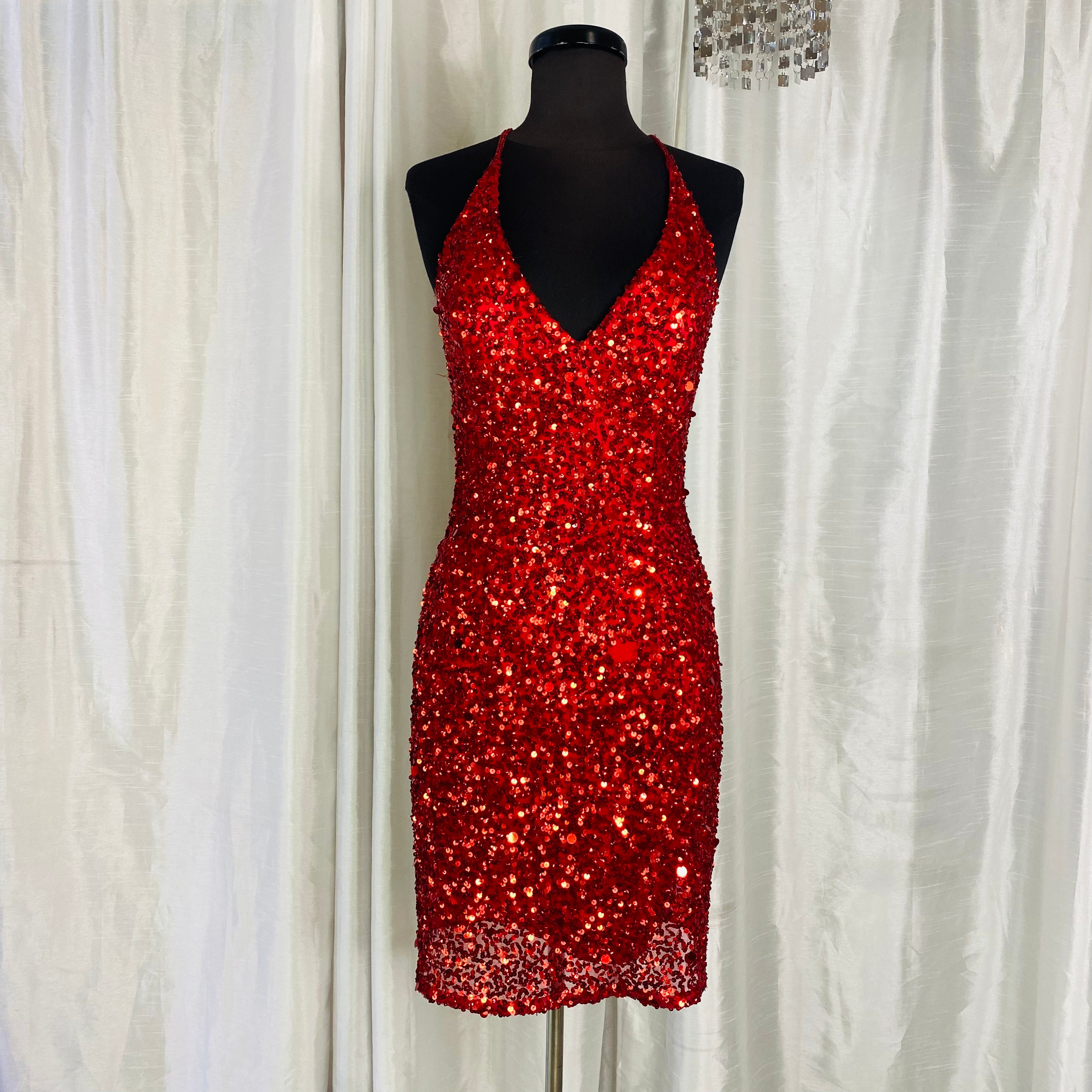 SCALA Short Beaded Sequin V-Neckline Lowback Cocktail Dress Red Size 2 – Style Exchange Boutique