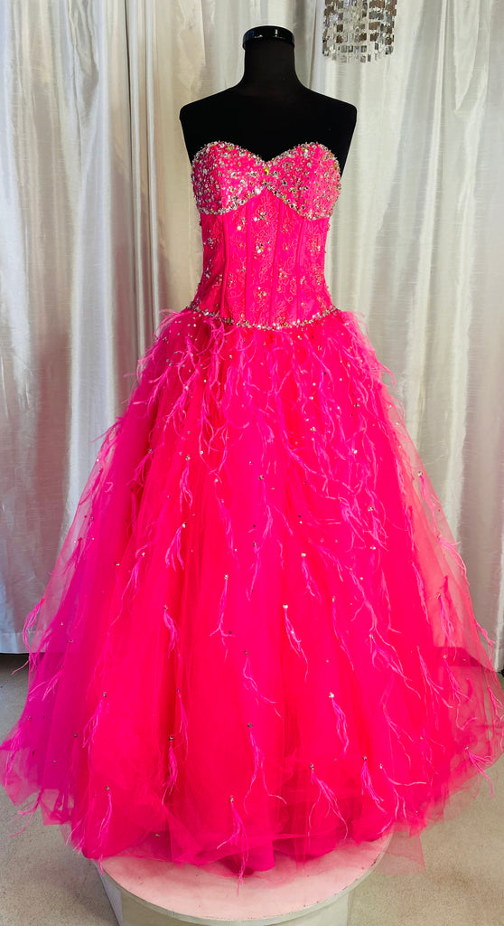 MORI LEE Feather Ball Gown Hot Pink Size 6