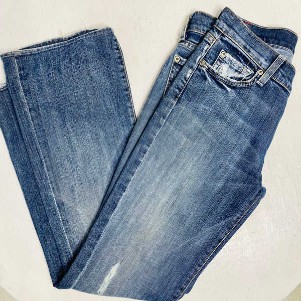 Washed Distressed Flared Denim Jeans with Metal Zipper Split