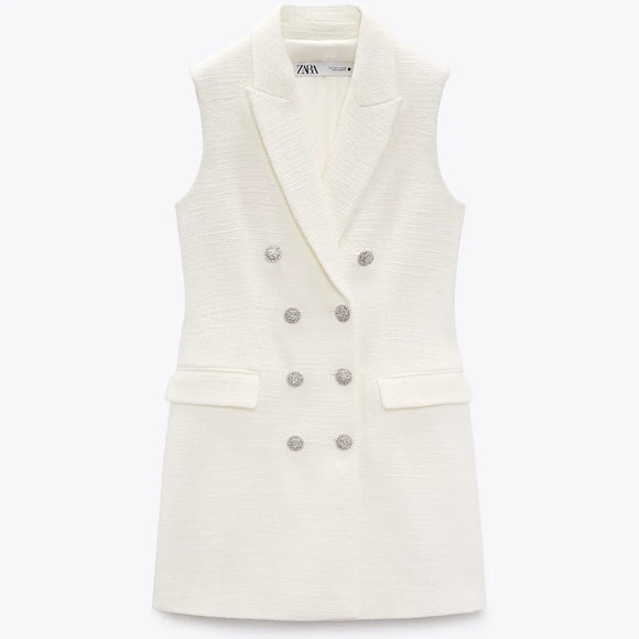ZARA White Tweed Textured Vest Dress with Rhinestone Buttons Size M