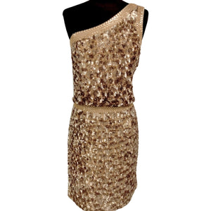 AIDAN MATTOX Gold Sequined One-Shoulder Band Short Dress Size 12