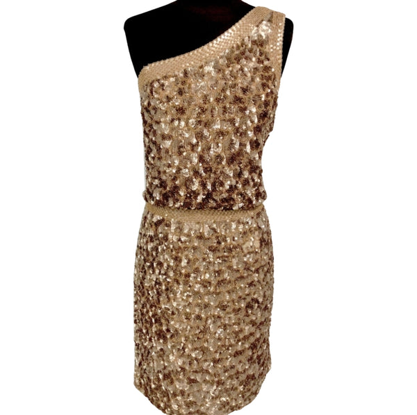 AIDAN MATTOX Short Gold Sequined One Shoulder Band Gown – Style Exchange Boutique