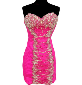 JOVANI 22256 Hot Pink Strapless Beaded Bodice Ruched Dress Size 0