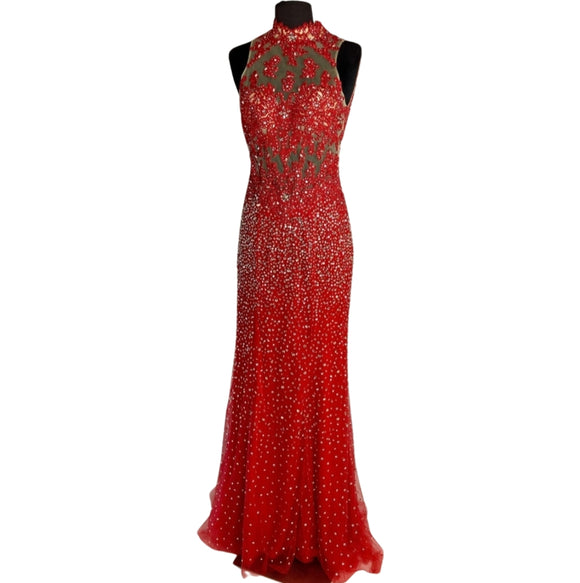 Morilee By Madeline Gardner Long Embellished Lace Gown Red Size 6