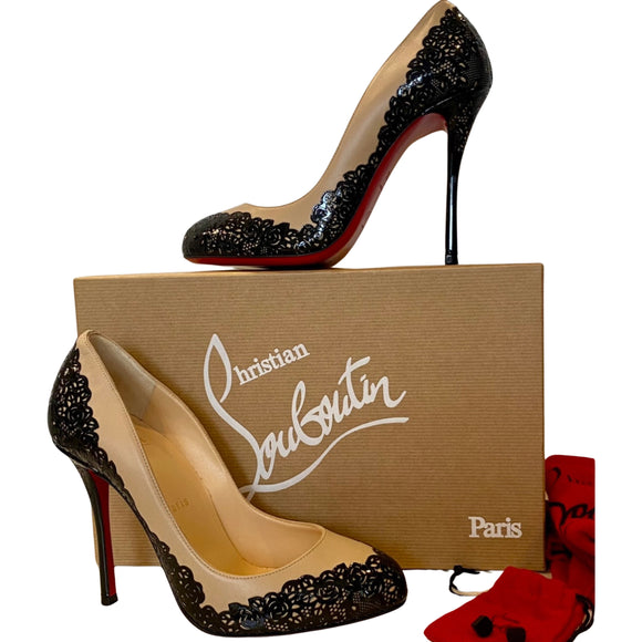 Christian Louboutin Muchapump 100 Patent /Nappa Leather Black/Nude Pumps 37.5 NEW IN BOX