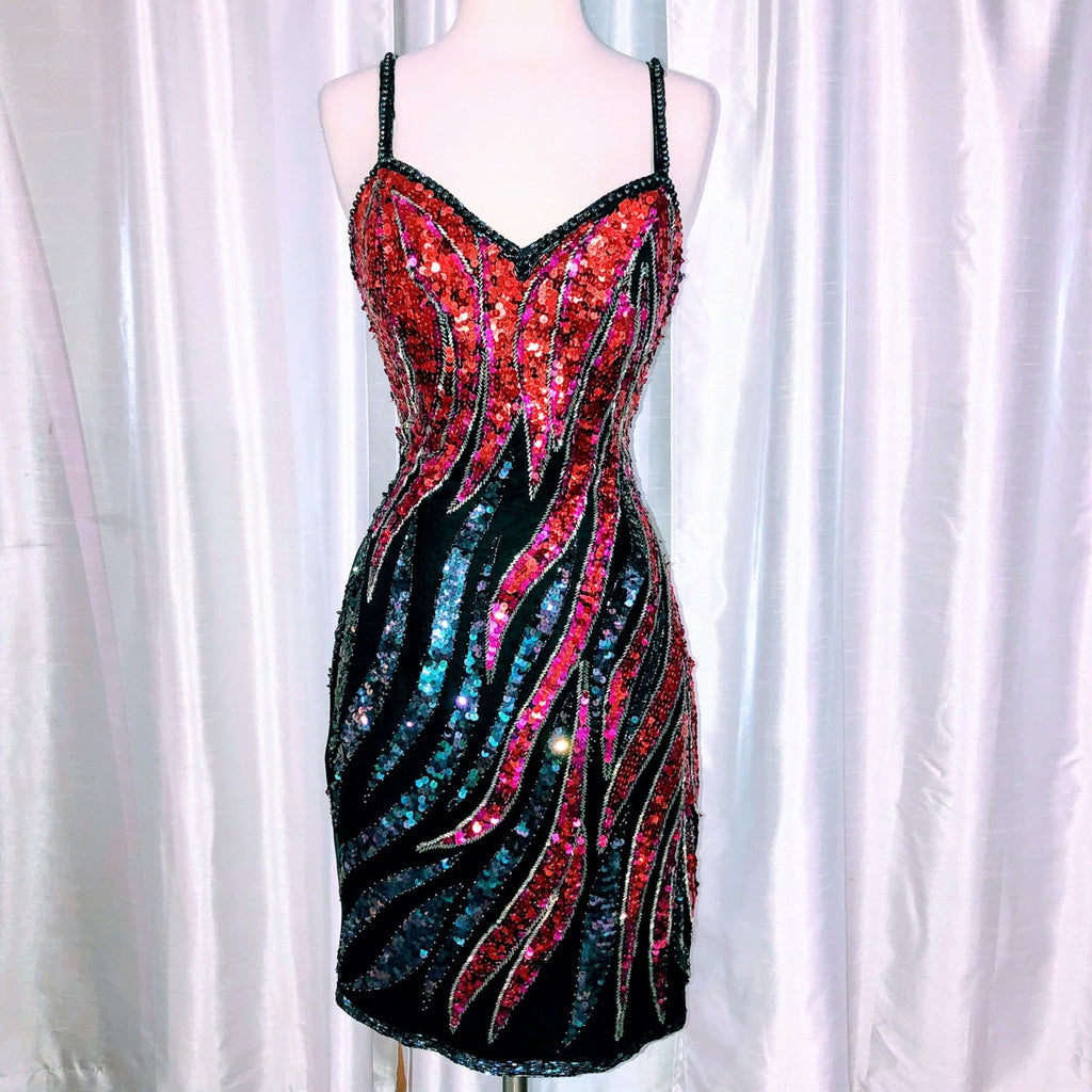 ALYCE PARIS DESIGNS Multi-color Spaghetti Strap Sequin Short Dress Size 6