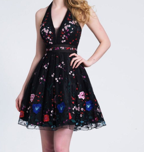 DAVE & JOHNNY Black & Floral Short Halter Dress Size 0