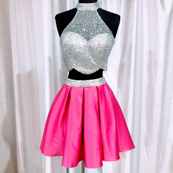 DAVE & JOHNNY Silver & Pink Two-Piece Halter Embellished Short Dress Size 0