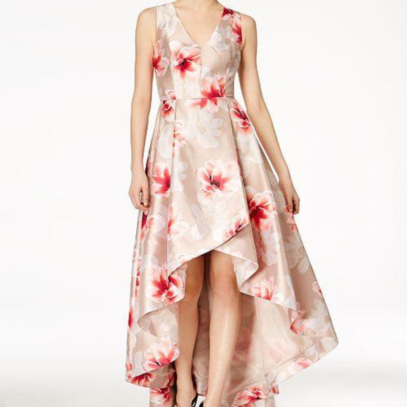 CALVIN KLEIN Tan & Floral Print High-Low Dress Size 4