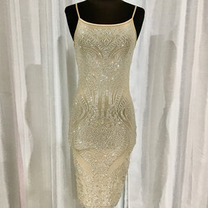 BOUTIQUE Short Nude & Silver Embellished Form Fitting Gown Size S