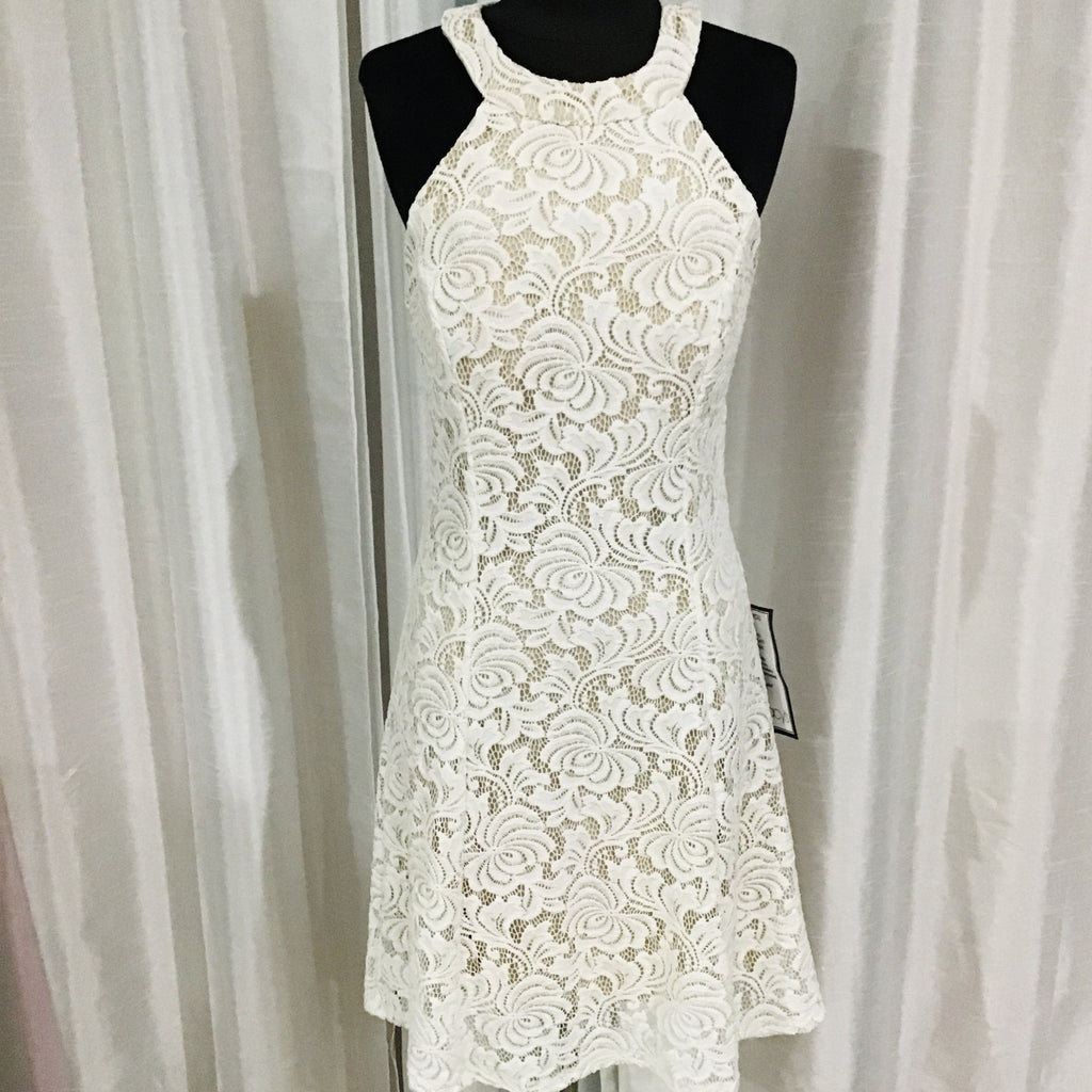 BOUTIQUE White & Nude Halter Lace Short Dress Size 11 NWT