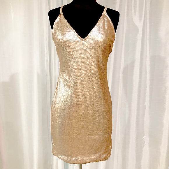 BOUTIQUE Short Gold Sequin Form Fitting Gown Size L NWT