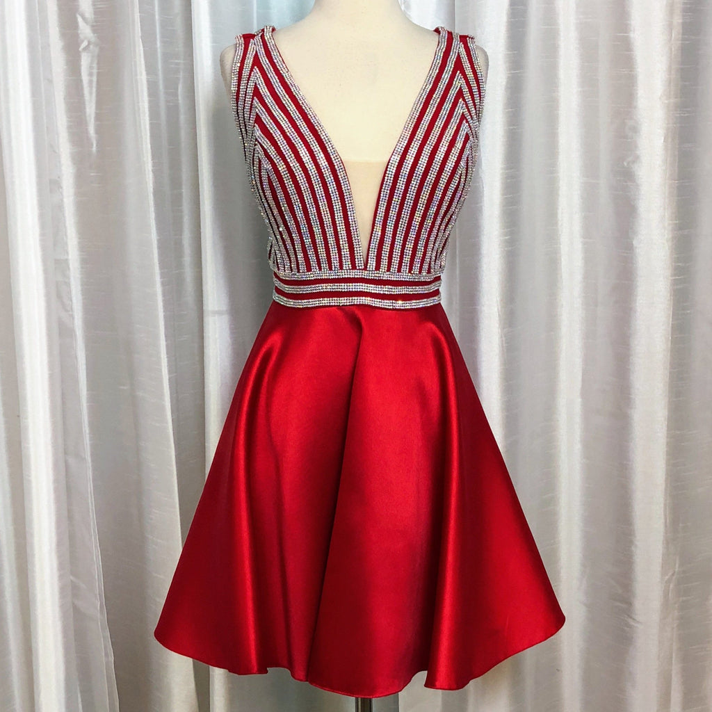 JVN by JOVANI Red Deep V Embellished Bodice A-line Short Dress Size 12