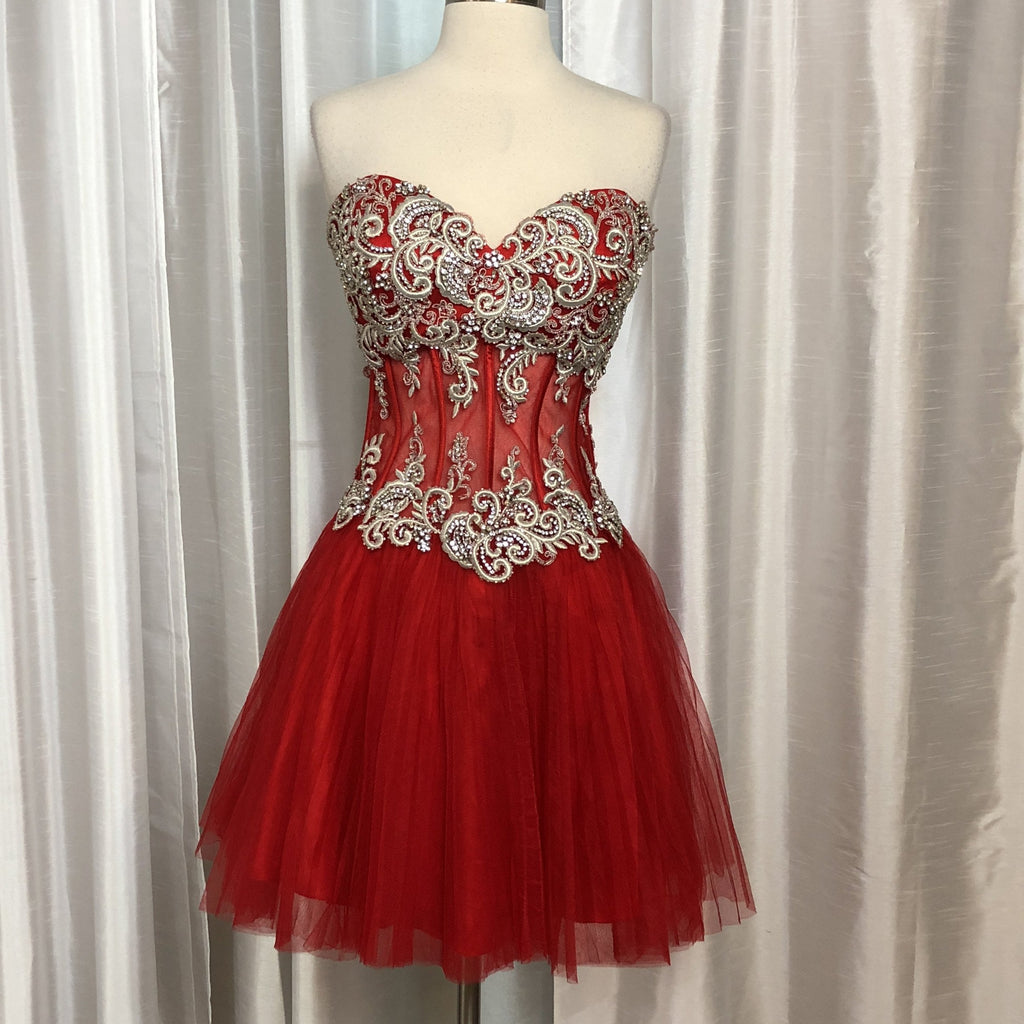 JOVANI Red Strapless Embellished Corset Short Dress Size 12