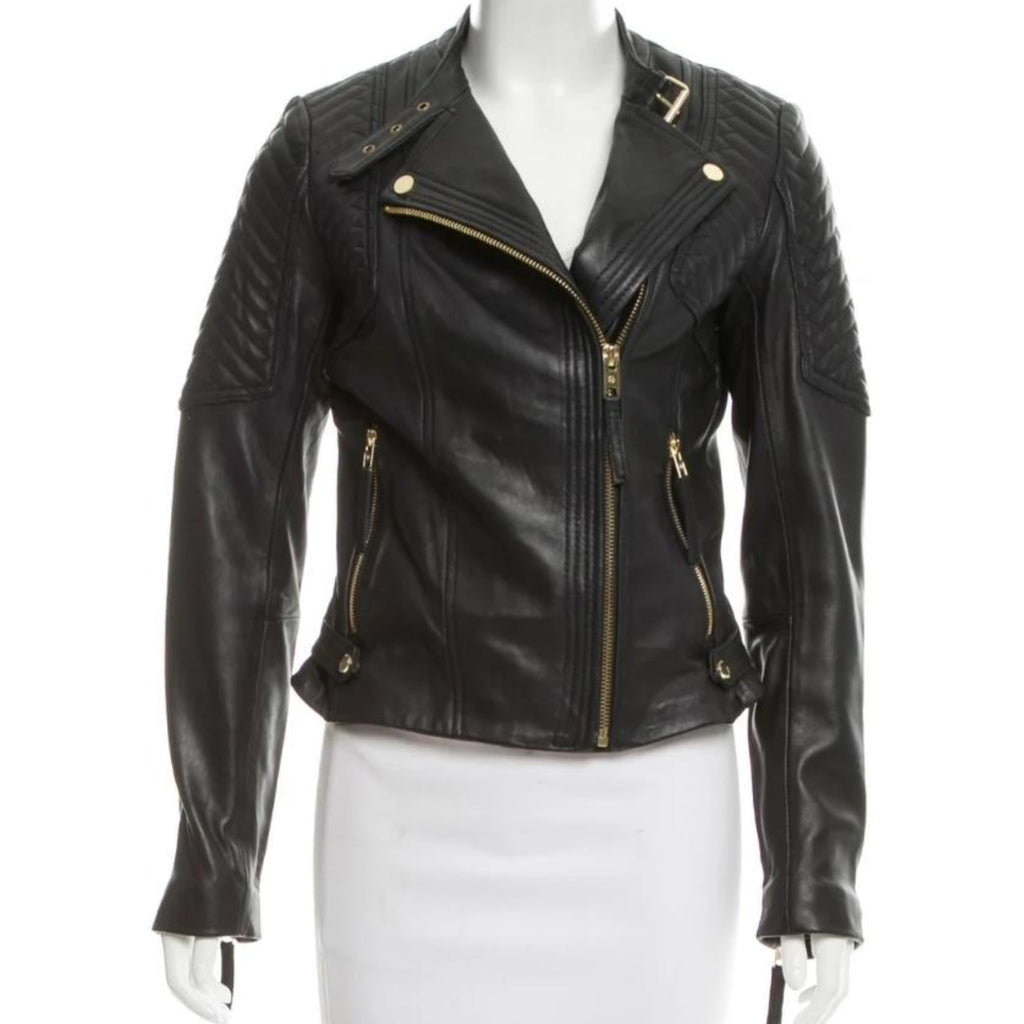 Michael Kors Womens Brown Leather Moto Jacket  COUTUREPOINT