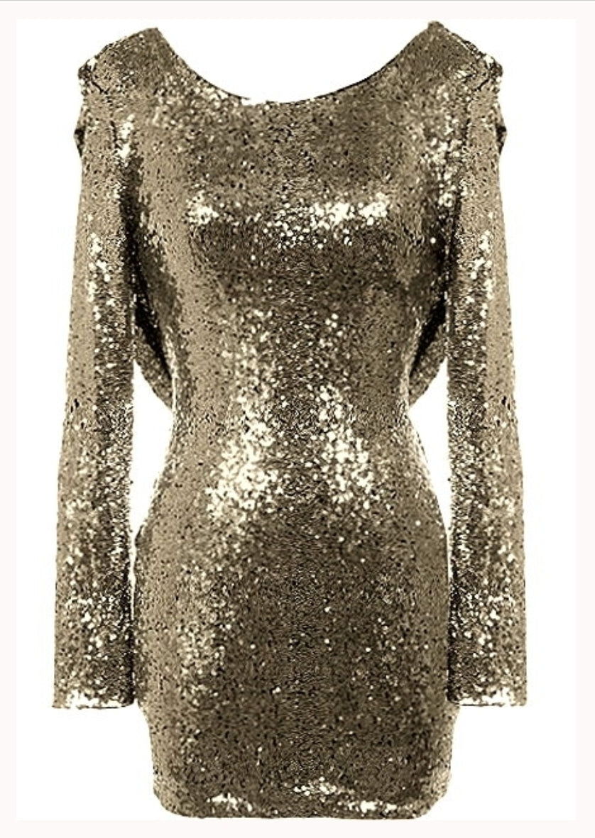 BOUTIQUE Long-Sleeve Gold Sequin Short Cocktail Gown with Drip Back Si –  Style Exchange Boutique PGH