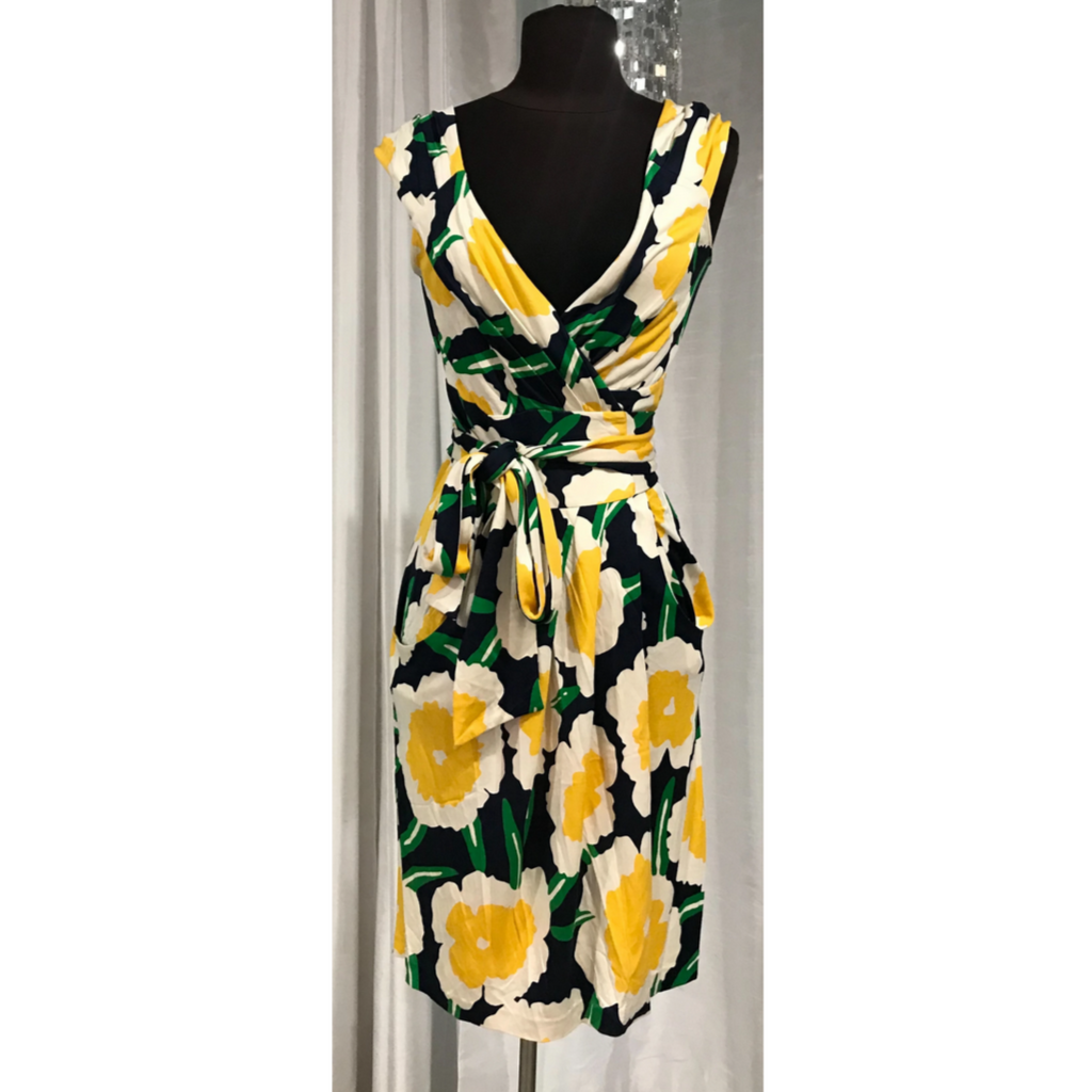 DIANE VON FURSTENBURG Yellow/Navy/Green Floral Print Wrap Dress Size 4