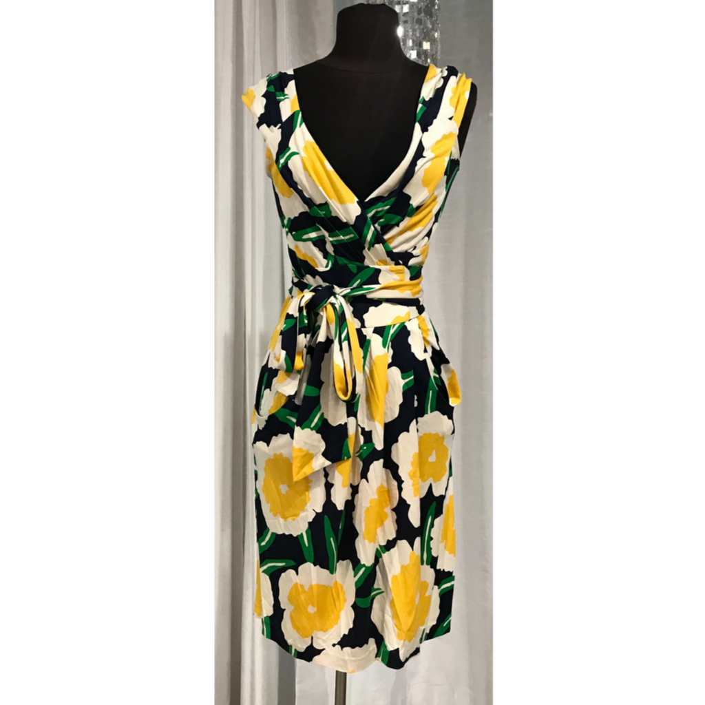 DIANE VON FURSTENBURG Yellow/Navy/Green Floral Print Wrap Dress Size 4 Style Exchange Boutique PGH DIANE VON FURSTENBURG Yellow/Navy/Green Floral Print Wrap Dress Size 4 Style Exchange Boutique PGH