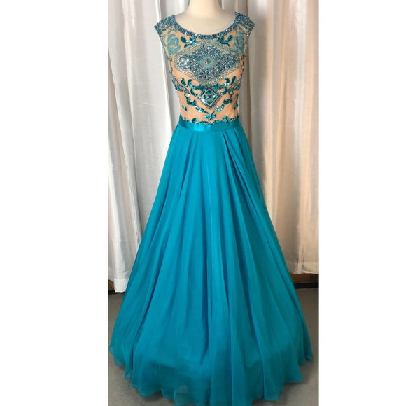 SHERRI HILL 11332 Turquoise & Nude Long Embellished Gown Size 18