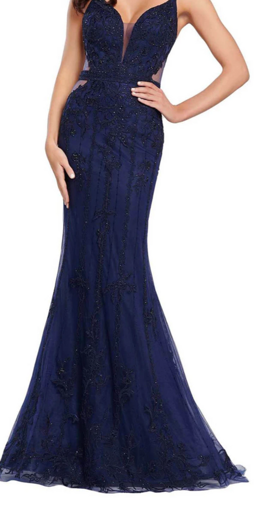 ELLIE WILDE EW119047 Navy Blue Lace Trumpet Style Long Dress Size 00