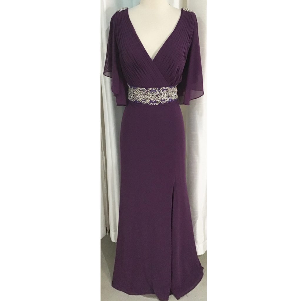 JOVANI Plum/Dark Purple Embellished Waist With Cape Sleeves Long Dress Size 14