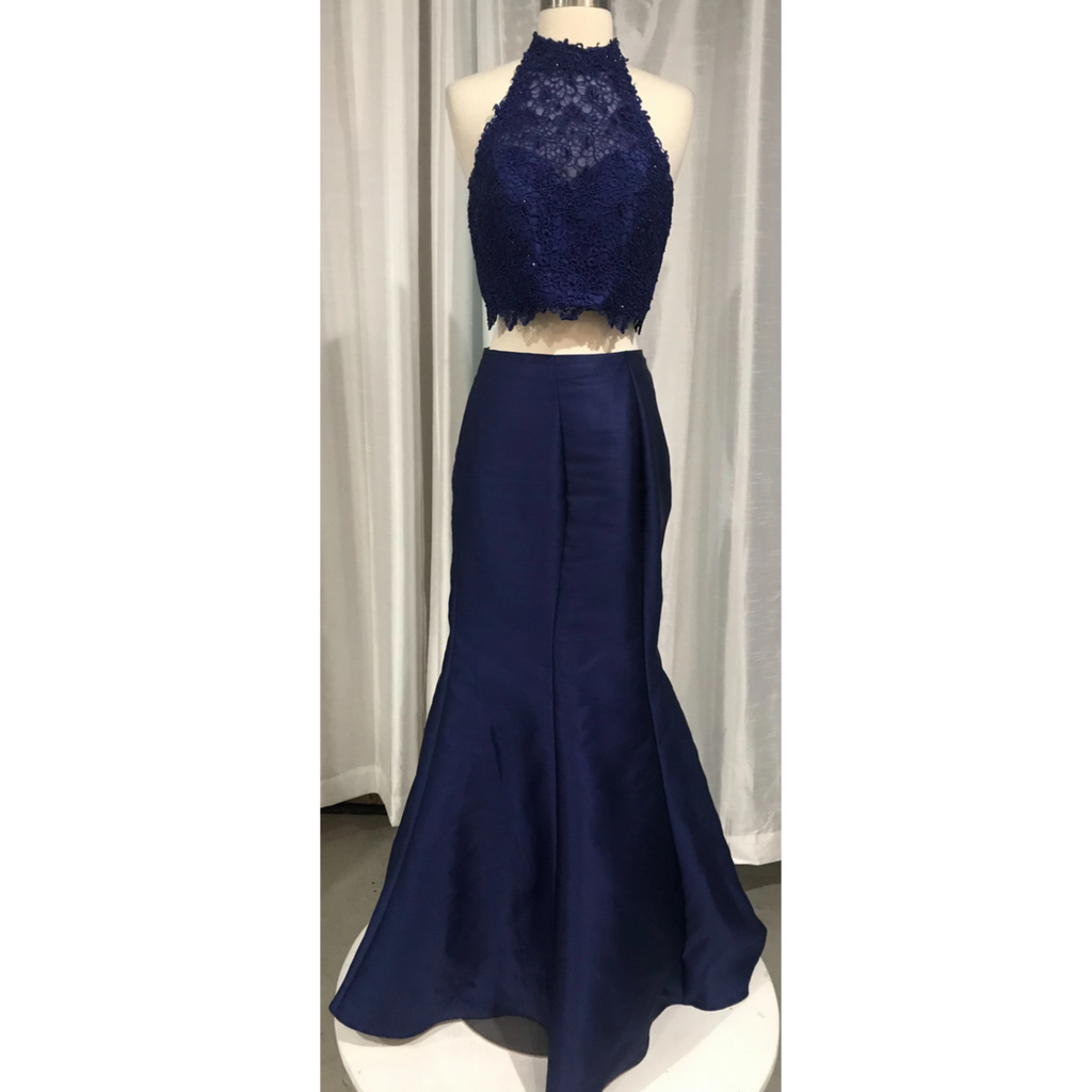 ALYCE PARIS Cobalt Blue Lace Two Piece Halter Dress Size 4 Style Exchange Boutique PGH