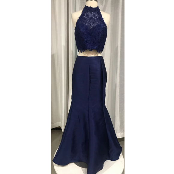 ALYCE PARIS Cobalt Blue Lace Two-Piece Halter Dress Size 4