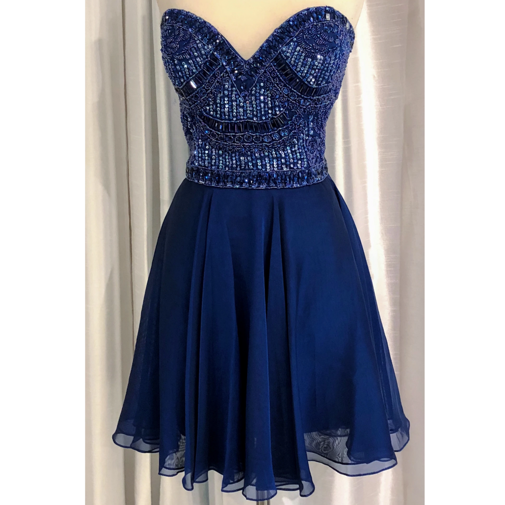 SHERRI HILL 50691 Navy Blue Strapless Embellished Short Dress (Size 14 Style Exchange Boutique PGH SHERRI HILL 50691 Navy Blue Strapless Embellished Short Dress (Size 14 Style Exchange Boutique PGH