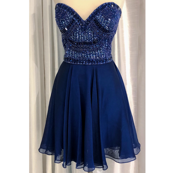 SHERRI HILL 50691 Navy Blue Strapless Embellished Short Dress Size 14