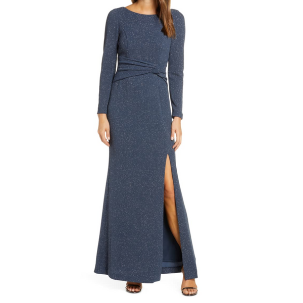 VINCE CAMUTO Long Steel Blue Glitter Long Sleeve Gown – Style Exchange  Boutique PGH