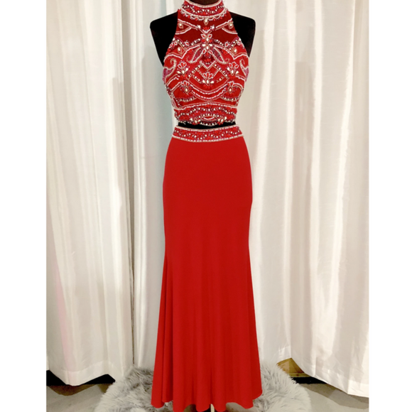 ALYCE PARIS Red Embellished Two-Piece Haltered Long Dress Size 10