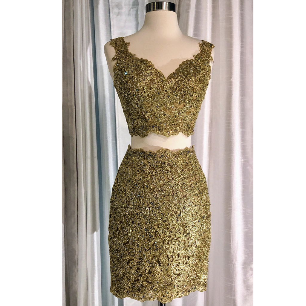 SHERRI HILL 51522 Gold Two-Piece Lace Cocktail with V-Neck Bodices Dress Size 2/4