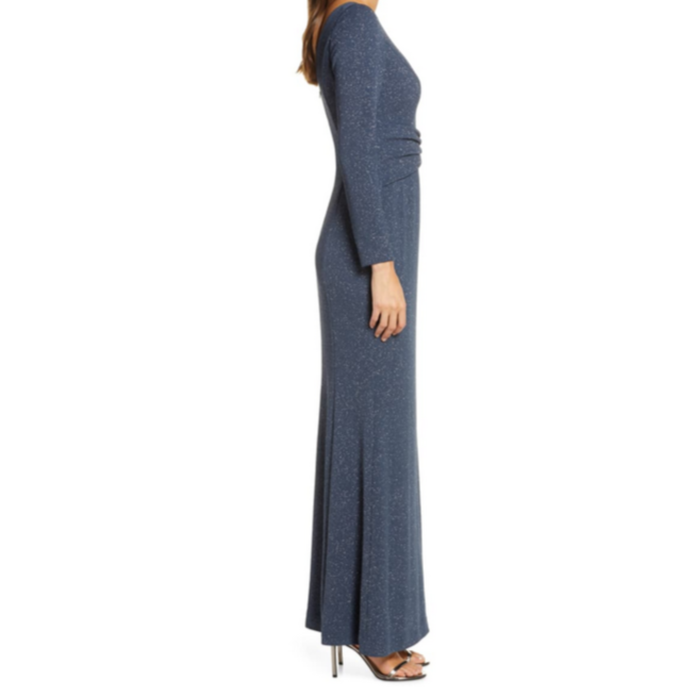 vince camuto exposed seam long sleeve sweater dress VINCE CAMUTO Long Steel Blue Glitter Long Sleeve Gown – Style Exchange  Boutique PGH