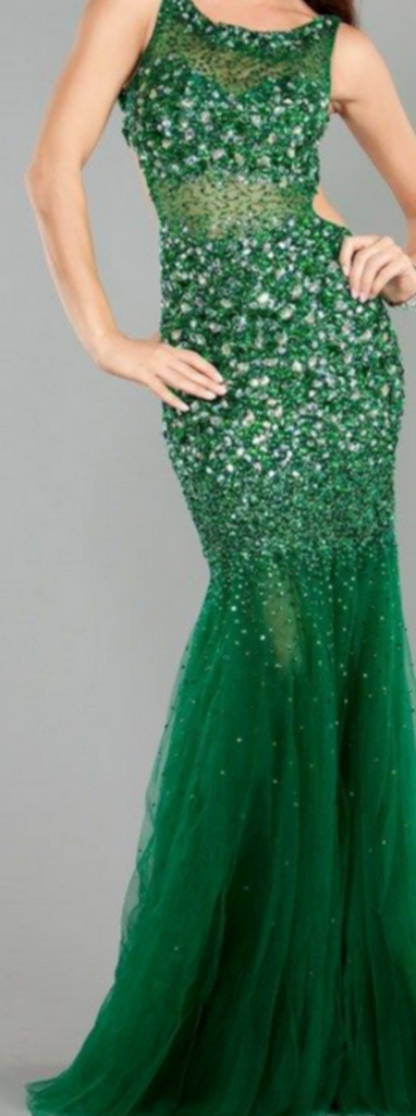 JOVANI 171100 Hunter Green Embellished Sheer Halter Dress Size 10