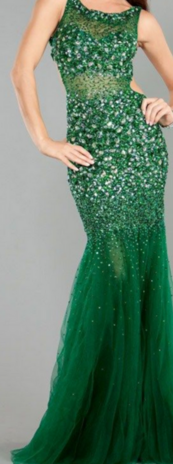 JOVANI 171100 Hunter Green Embellished Sheer Halter Dress Size 10