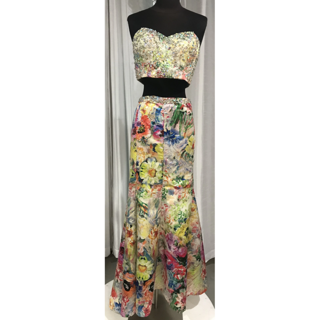 JOVANI White Multicolor Floral Embellished Strapless Two-Piece Dress Size 6