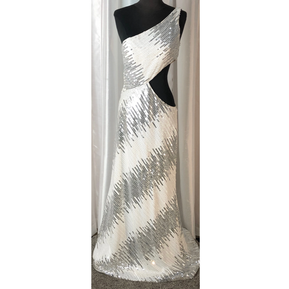 CLARISSE White & Silver One Shoulder Sequin Long Dress Size 6
