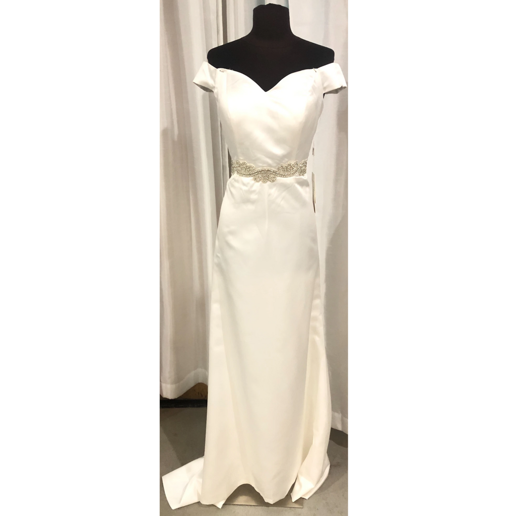 BOUTIQUE White Satin Off-The-Shoulder Embellished Waist Gown Size 6/8 NWT