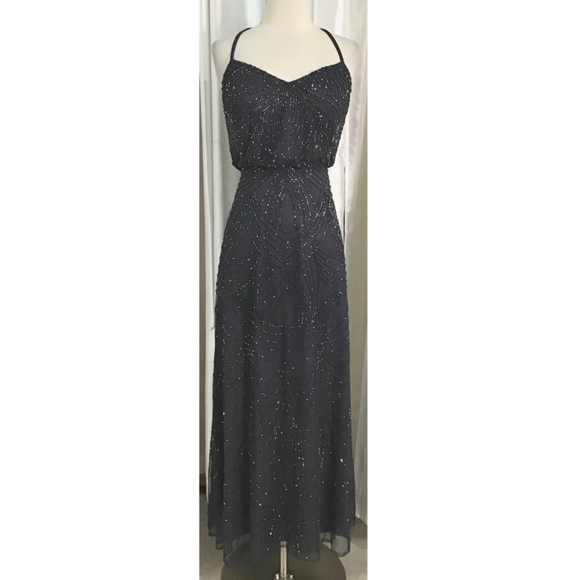 ADRIANNA PAPELL Charcoal Embellished Spaghetti Strap Long Dress Size 0 NWT