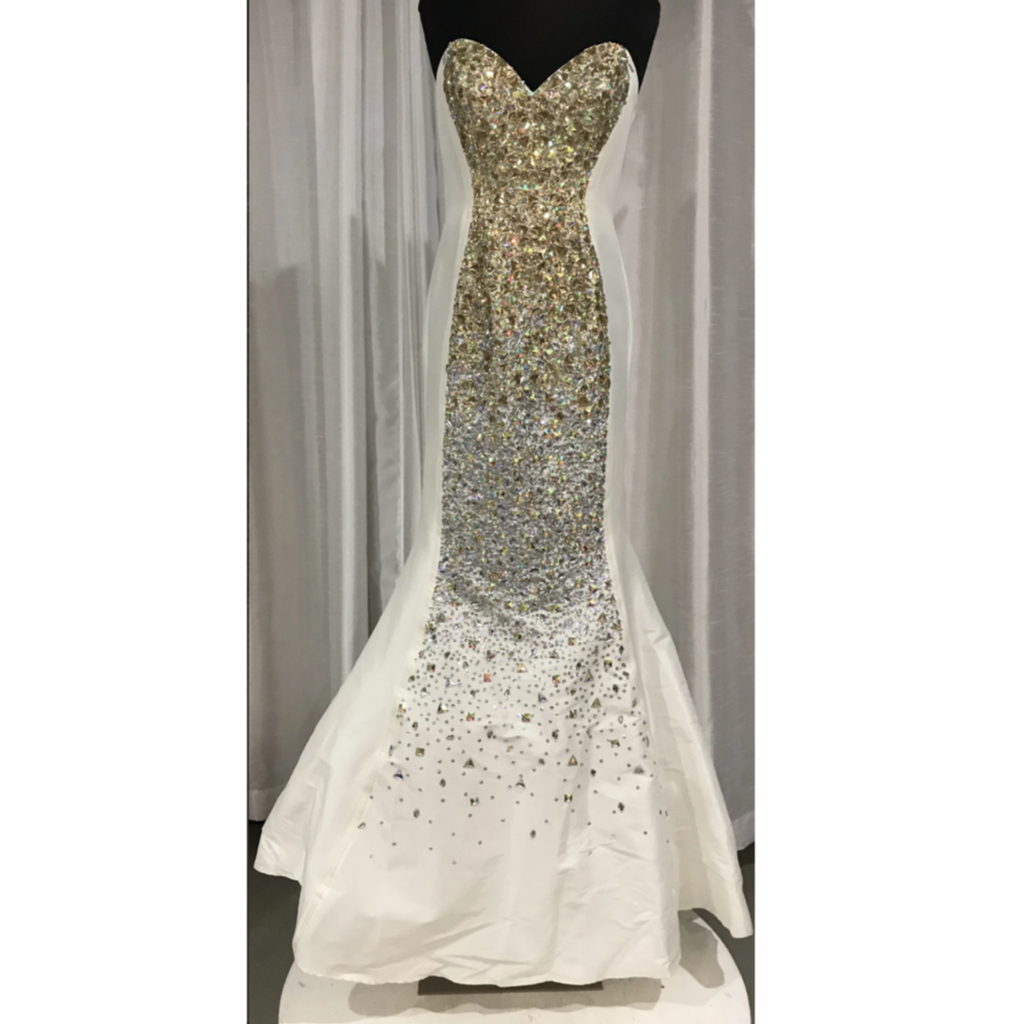 JOVANI White/Gold/Silver Embellishment Strapless Mermaid Dress Size 2 NWOT