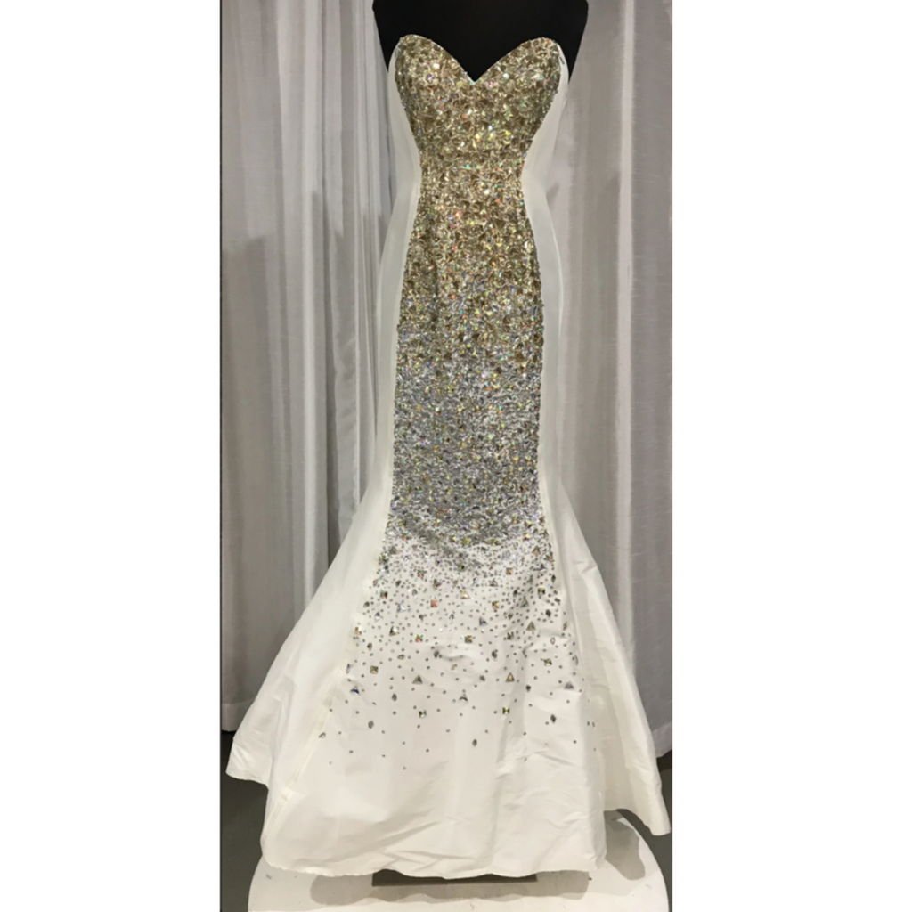 JOVANI White/Gold/Silver Embellishment Strapless Mermaid Dress Size 2 Style Exchange Boutique PGH JOVANI White/Gold/Silver Embellishment Strapless Mermaid Dress Size 2 Style Exchange Boutique PGH