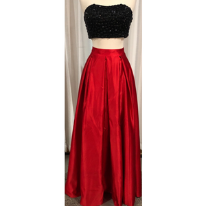 red and black two piece dress Black Two Piece Satin Prom Dress with Red Accents, Long Sleeves and A-line Skirt