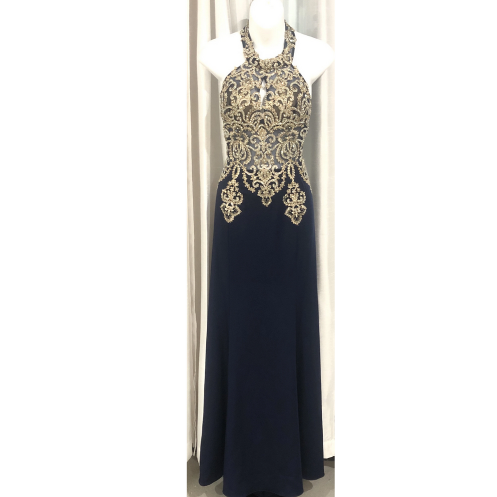 ENVIOUS COUTURE Navy & Gold Sheer Halter Long Dress Size 12