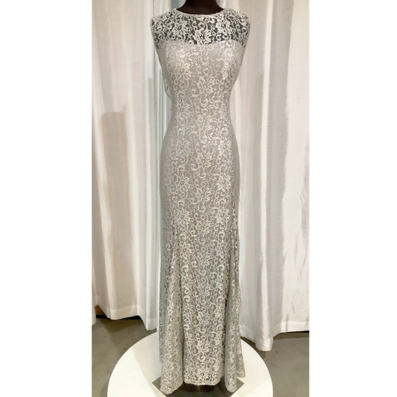 BETSEY ADAM Silver Lace Sheath Long Dress Size 12