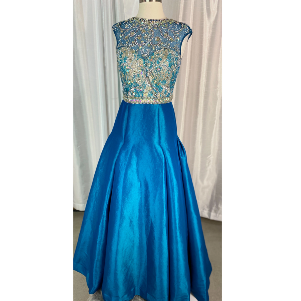 MAC DUGGAL Teal & Gold Embroidered Top Long Dress Size 4