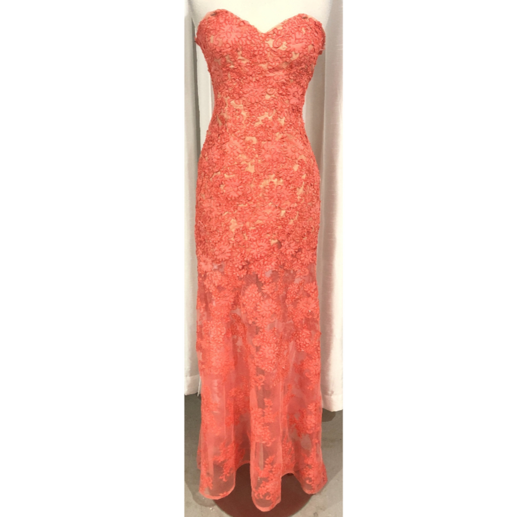 LA FEMME Coral Lace Strapless Sweetheart Long Dress Size 2
