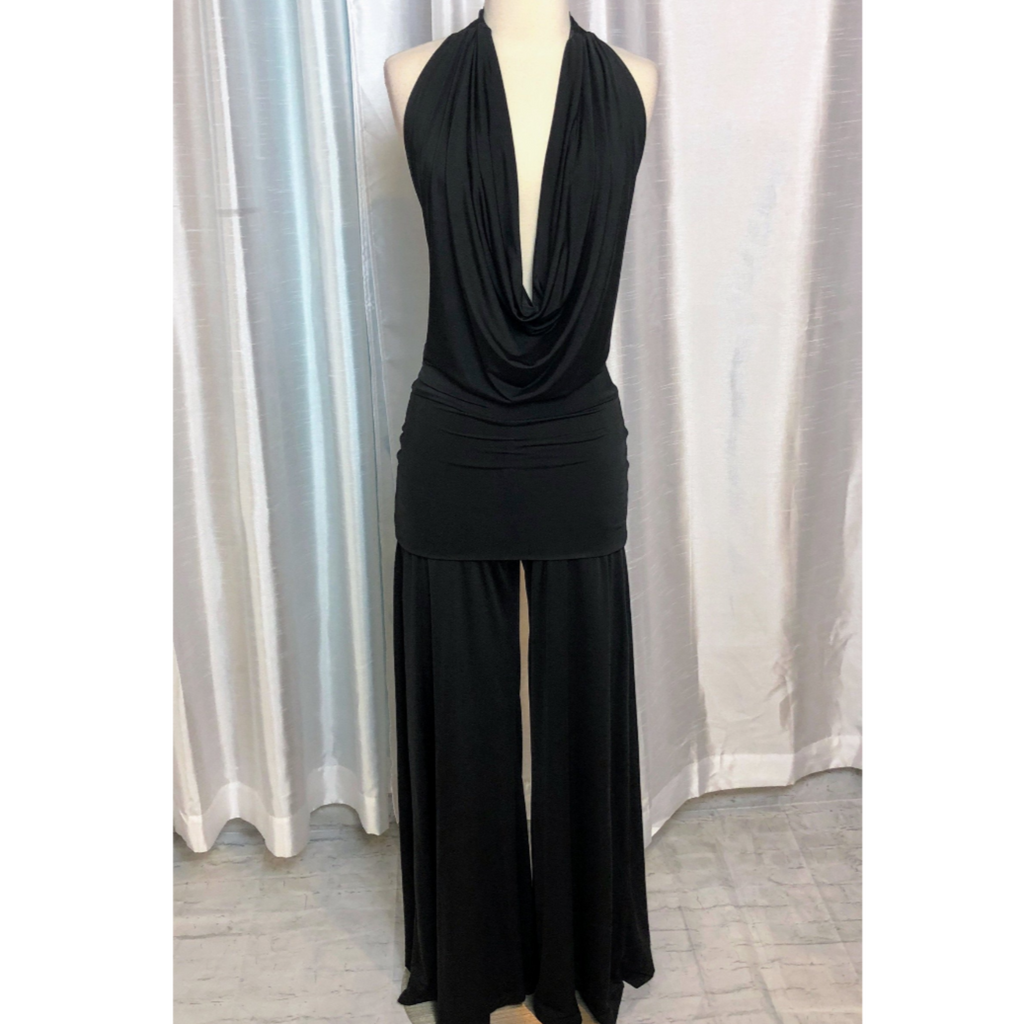 ANALILI Black Stretch Knit Plunging Draped V Halter Jumpsuit with Open Back Size XS NWT