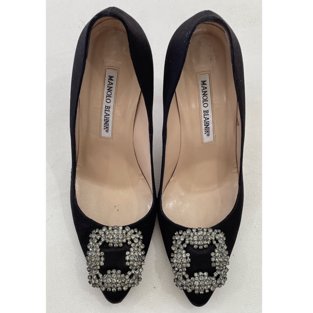 MANOLO BLAHNIK Hangisi 105 mm  Black Satin Jewel Buckle Pumps Size 37