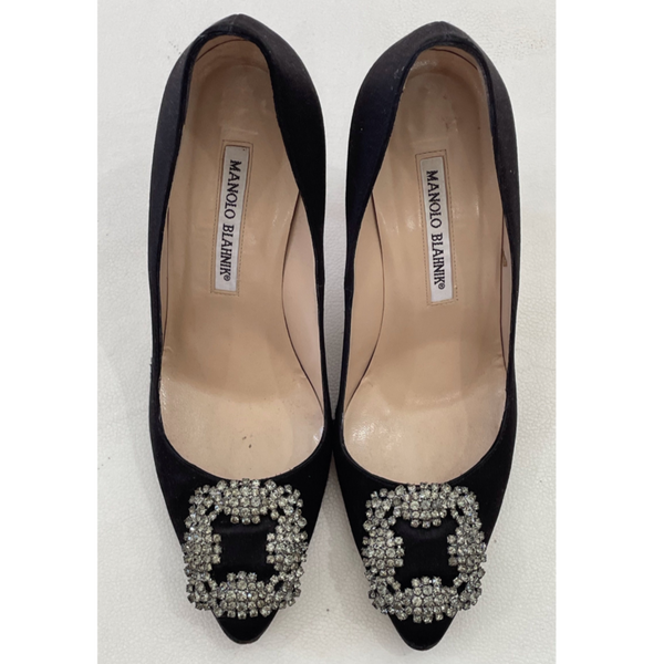 MANOLO BLAHNIK Hangisi 105 mm Black Satin Jewel Buckle Pumps Size